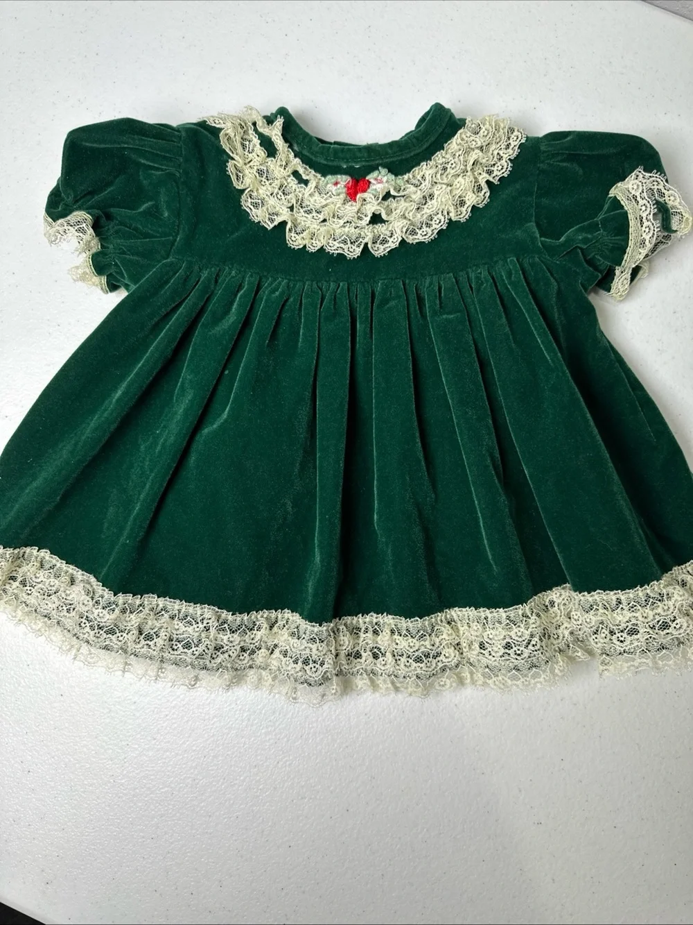 Vintage Green Velvet Baby Dress with Lace Trim